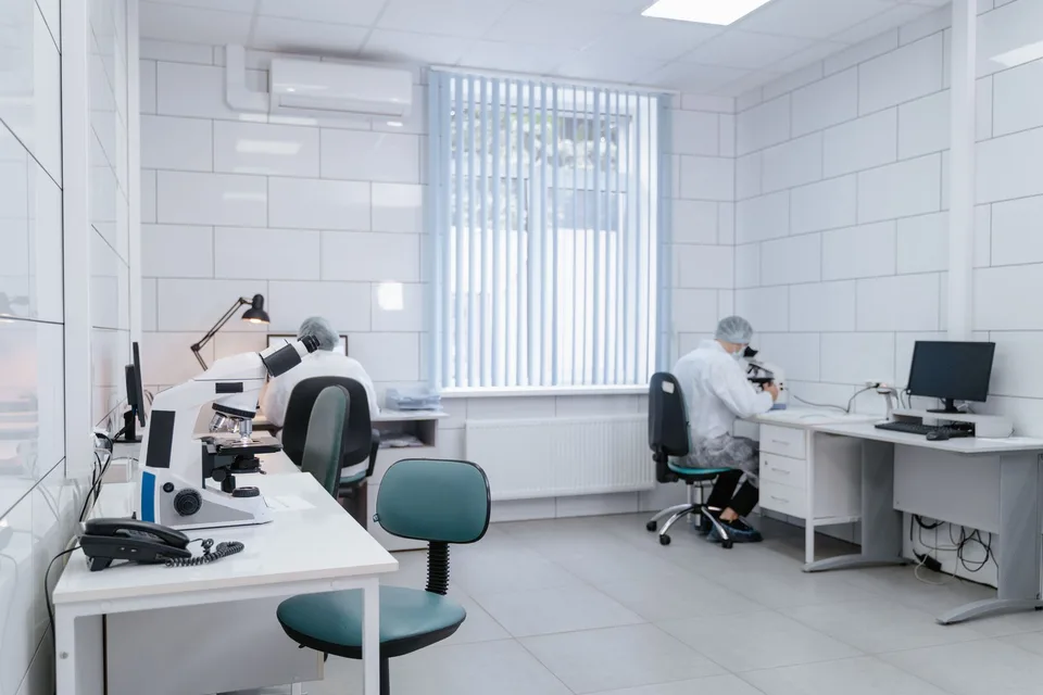A bright laboratory with microscopes and researchers at work